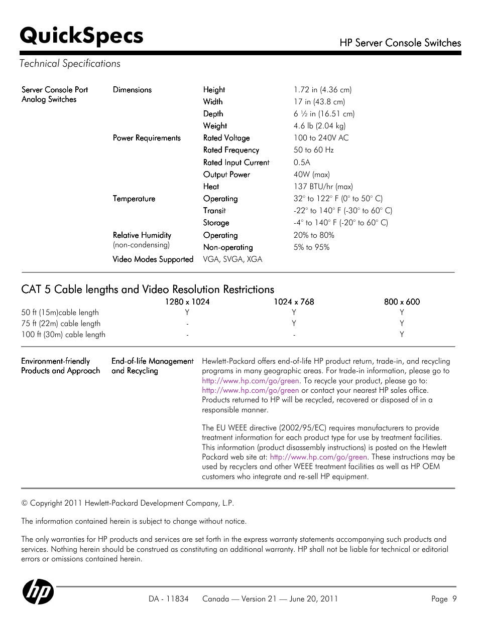 Technical specifications, Quickspecs, Hp server console switches | HP 336044-B21 User Manual | Page 9 / 9