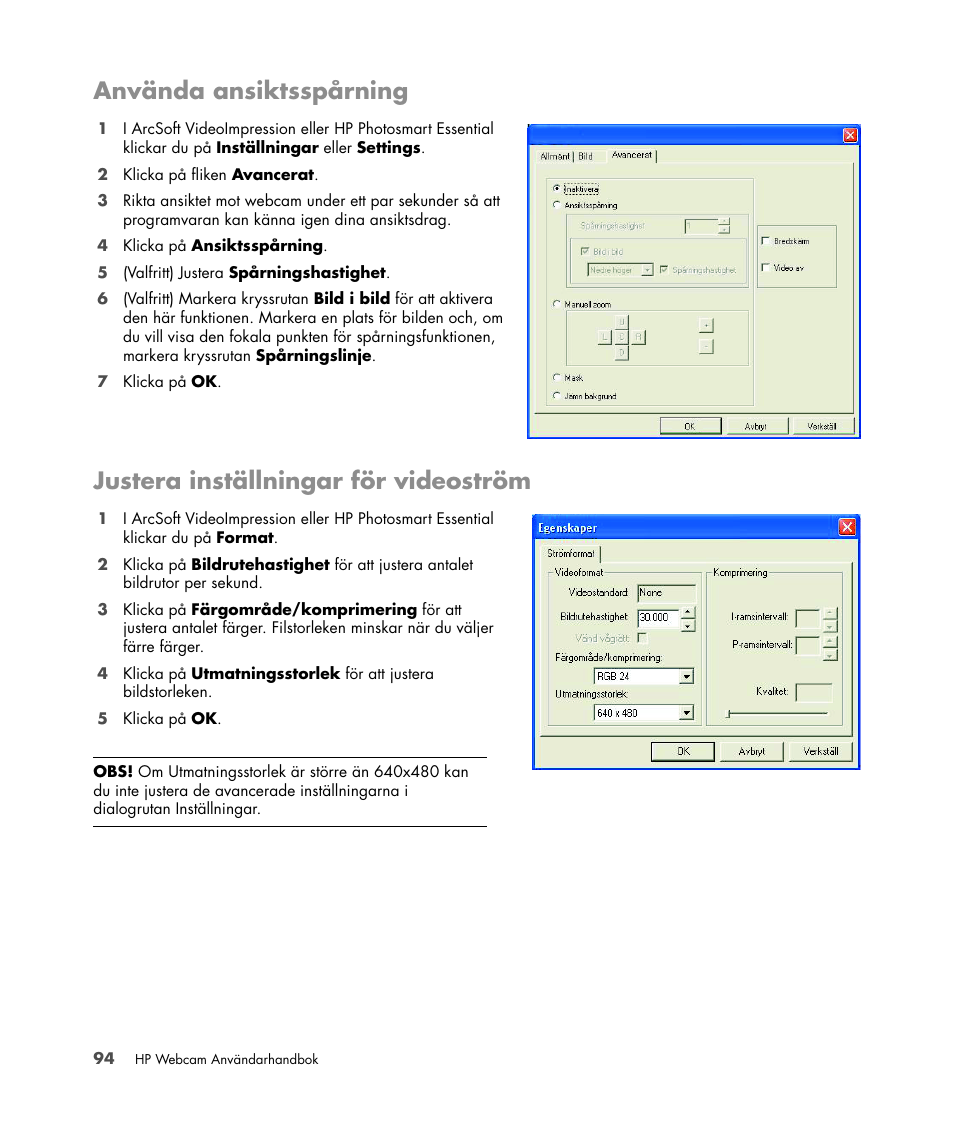 Använda ansiktsspårning, Justera inställningar för videoström | HP Version 3.0 User Manual | Page 100 / 114