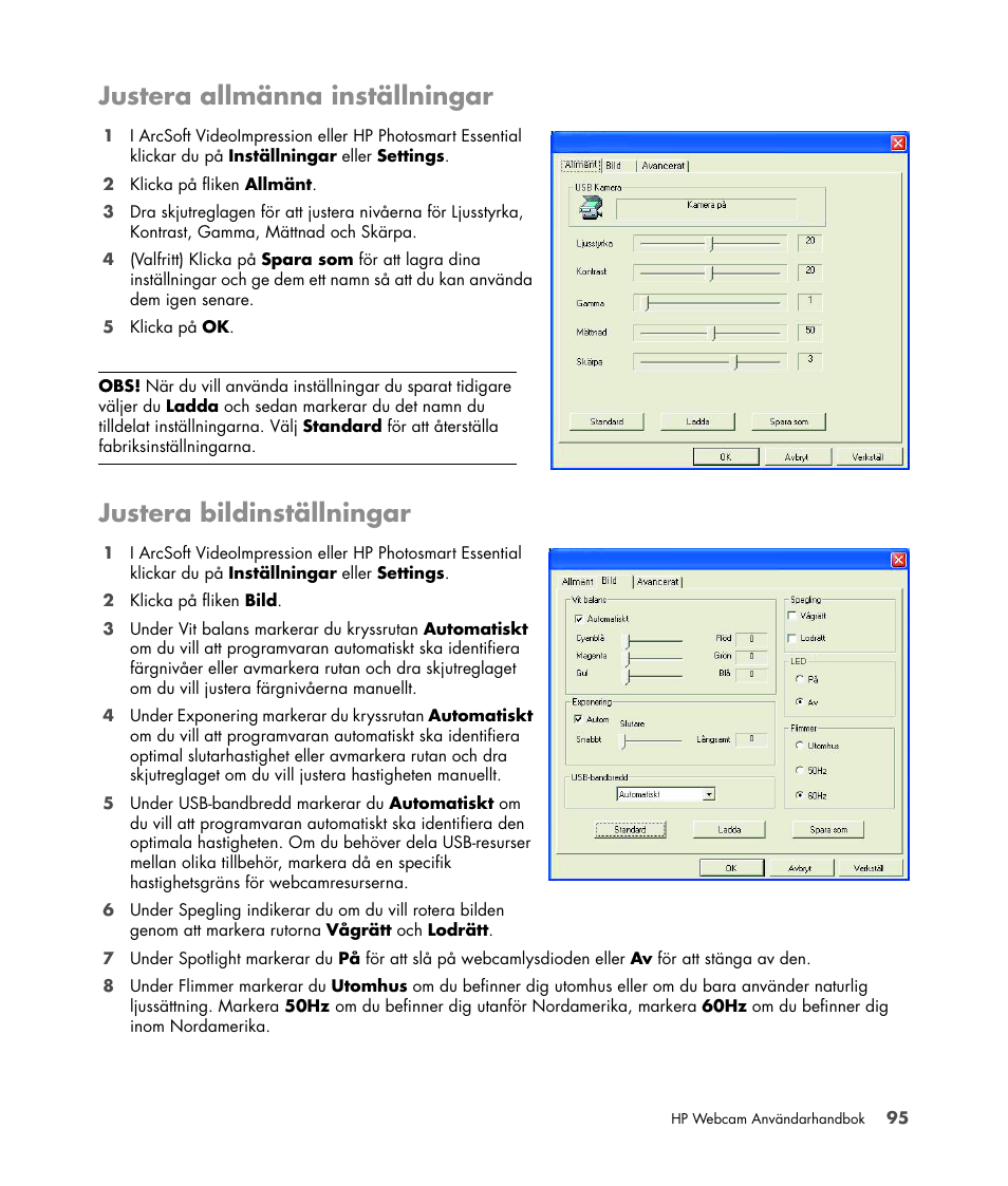 Justera allmänna inställningar, Justera bildinställningar | HP Version 3.0 User Manual | Page 101 / 114