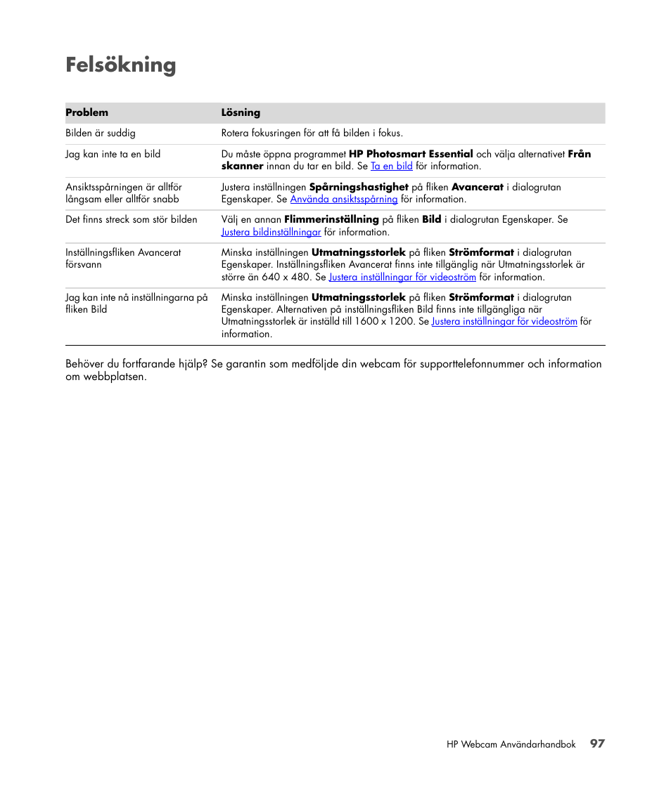 Felsökning | HP Version 3.0 User Manual | Page 103 / 114