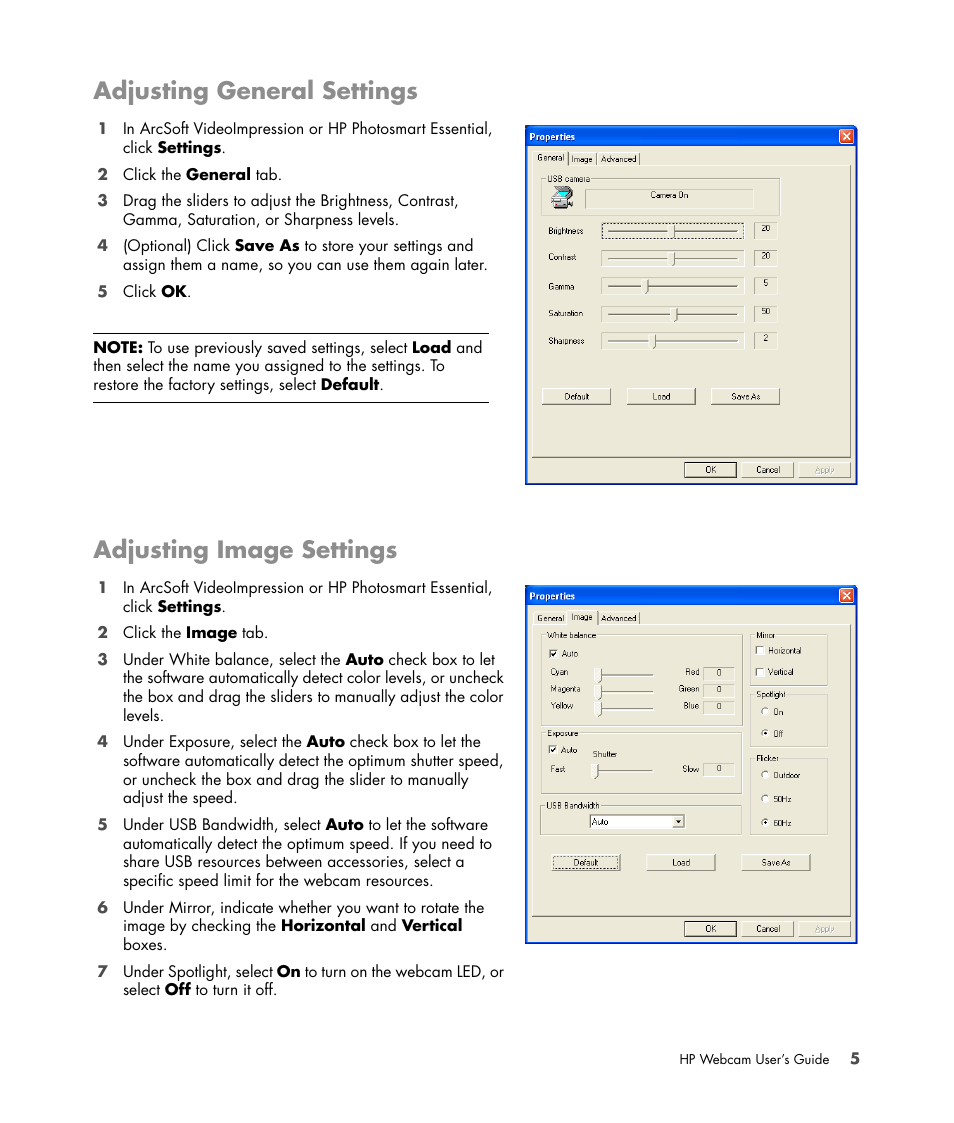 Adjusting general settings, Adjusting image settings | HP Version 3.0 User Manual | Page 11 / 114