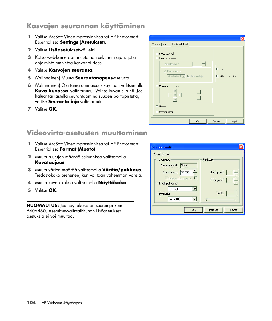Kasvojen seurannan käyttäminen, Videovirta-asetusten muuttaminen | HP Version 3.0 User Manual | Page 110 / 114