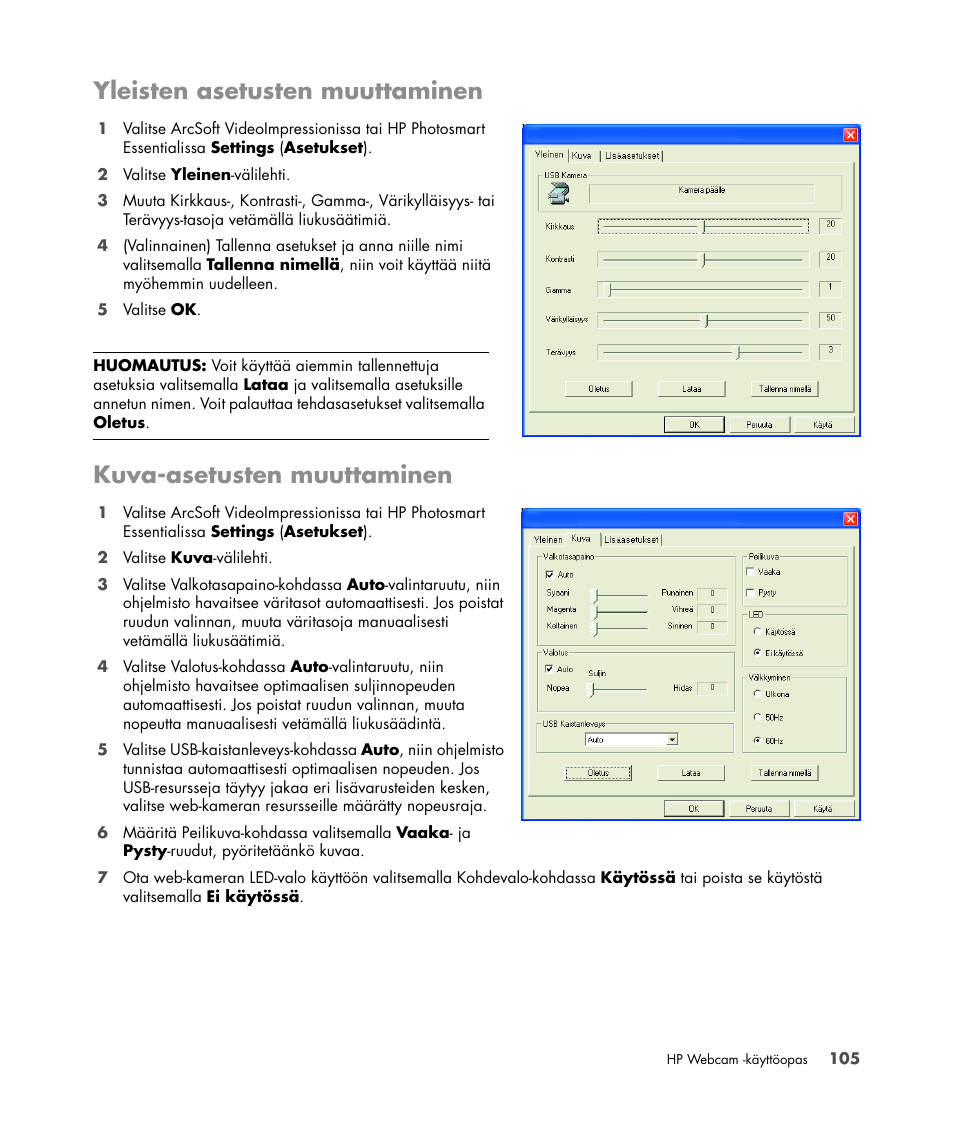Yleisten asetusten muuttaminen, Kuva-asetusten muuttaminen | HP Version 3.0 User Manual | Page 111 / 114