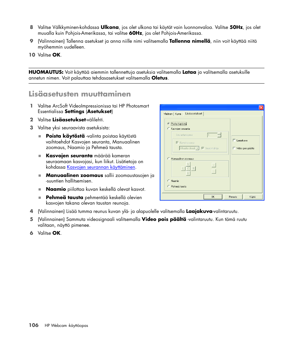 Lisäasetusten muuttaminen | HP Version 3.0 User Manual | Page 112 / 114