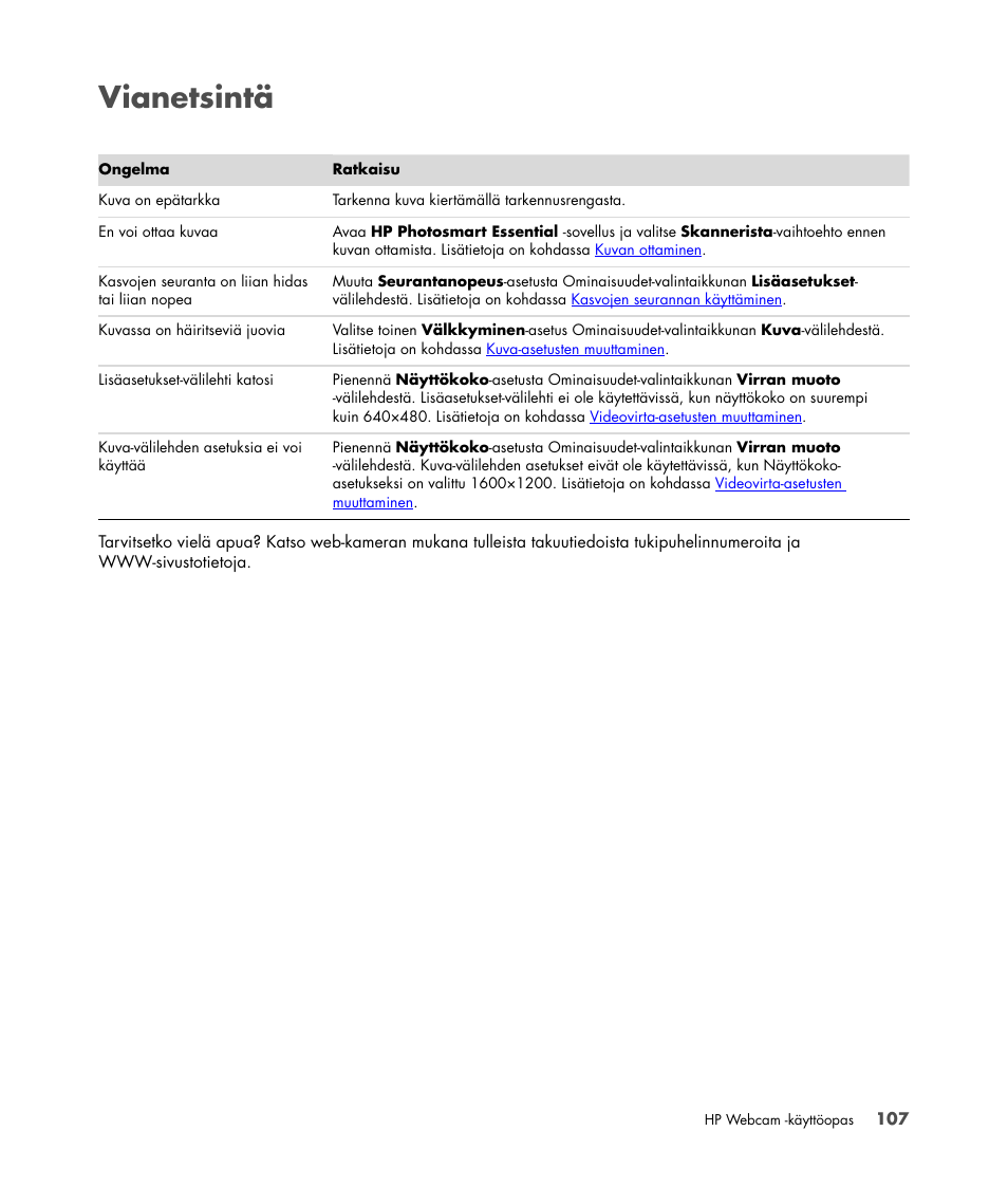 Vianetsintä | HP Version 3.0 User Manual | Page 113 / 114