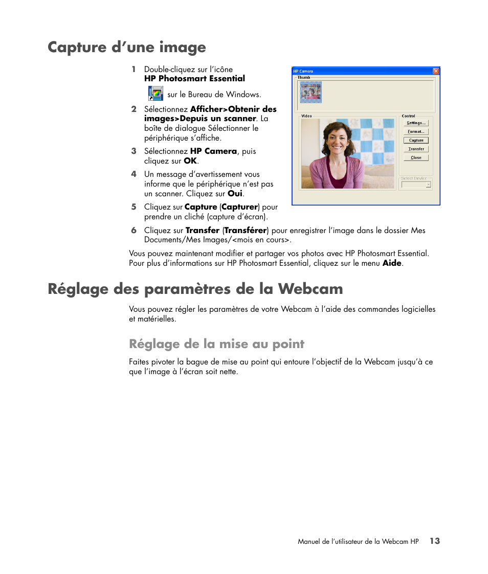 Capture d’une image, Réglage des paramètres de la webcam, Réglage de la mise au point | HP Version 3.0 User Manual | Page 19 / 114