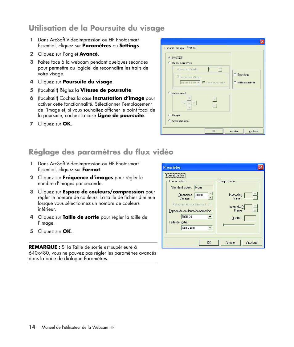 Utilisation de la poursuite du visage, Réglage des paramètres du flux vidéo | HP Version 3.0 User Manual | Page 20 / 114