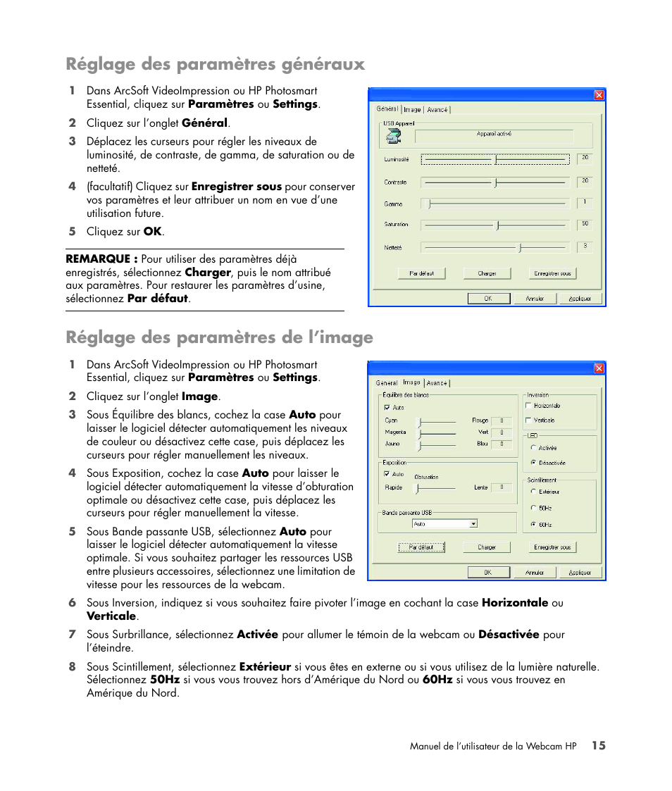 Réglage des paramètres généraux, Réglage des paramètres de l’image | HP Version 3.0 User Manual | Page 21 / 114