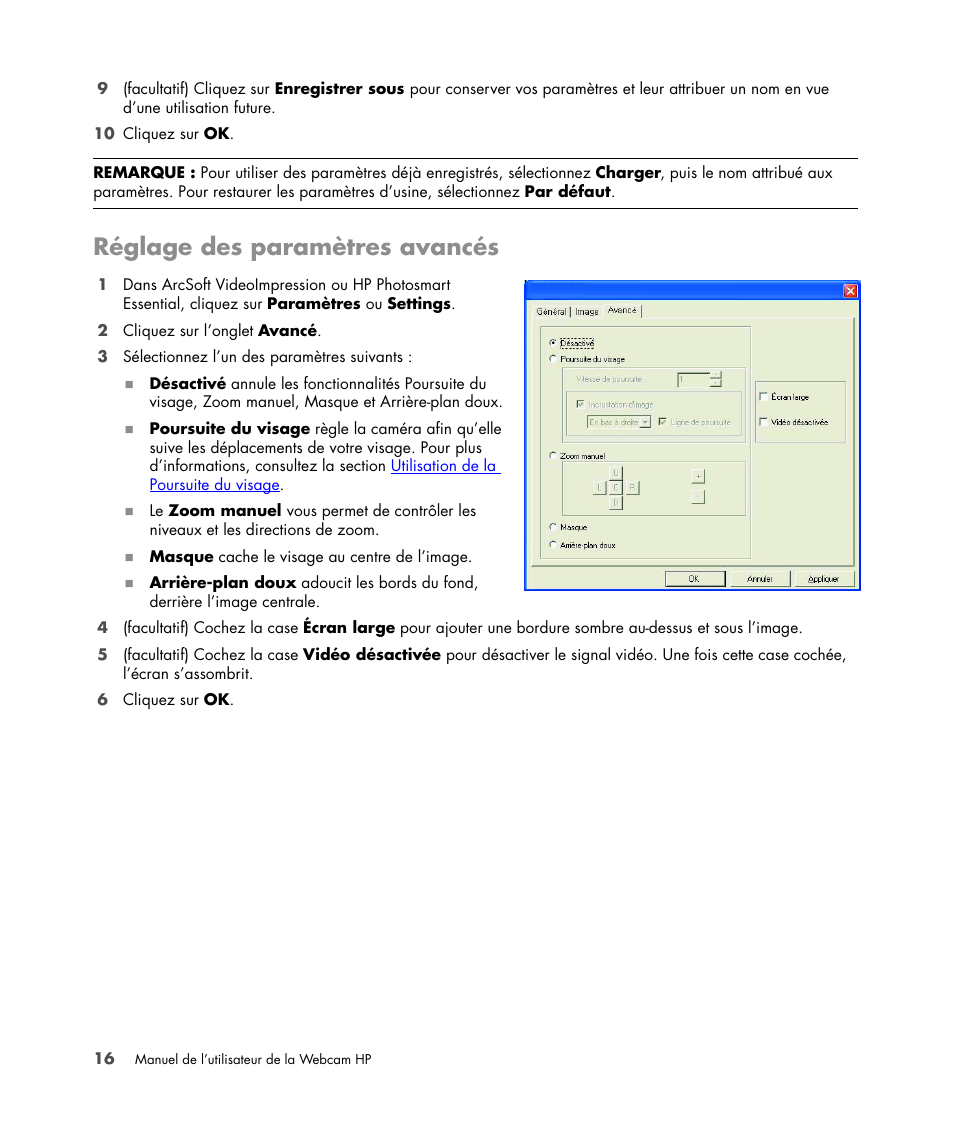 Réglage des paramètres avancés | HP Version 3.0 User Manual | Page 22 / 114