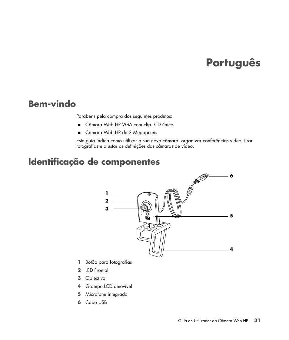 Português, Bem-vindo, Identificação de componentes | Português bem-vindo identificação de componentes | HP Version 3.0 User Manual | Page 37 / 114