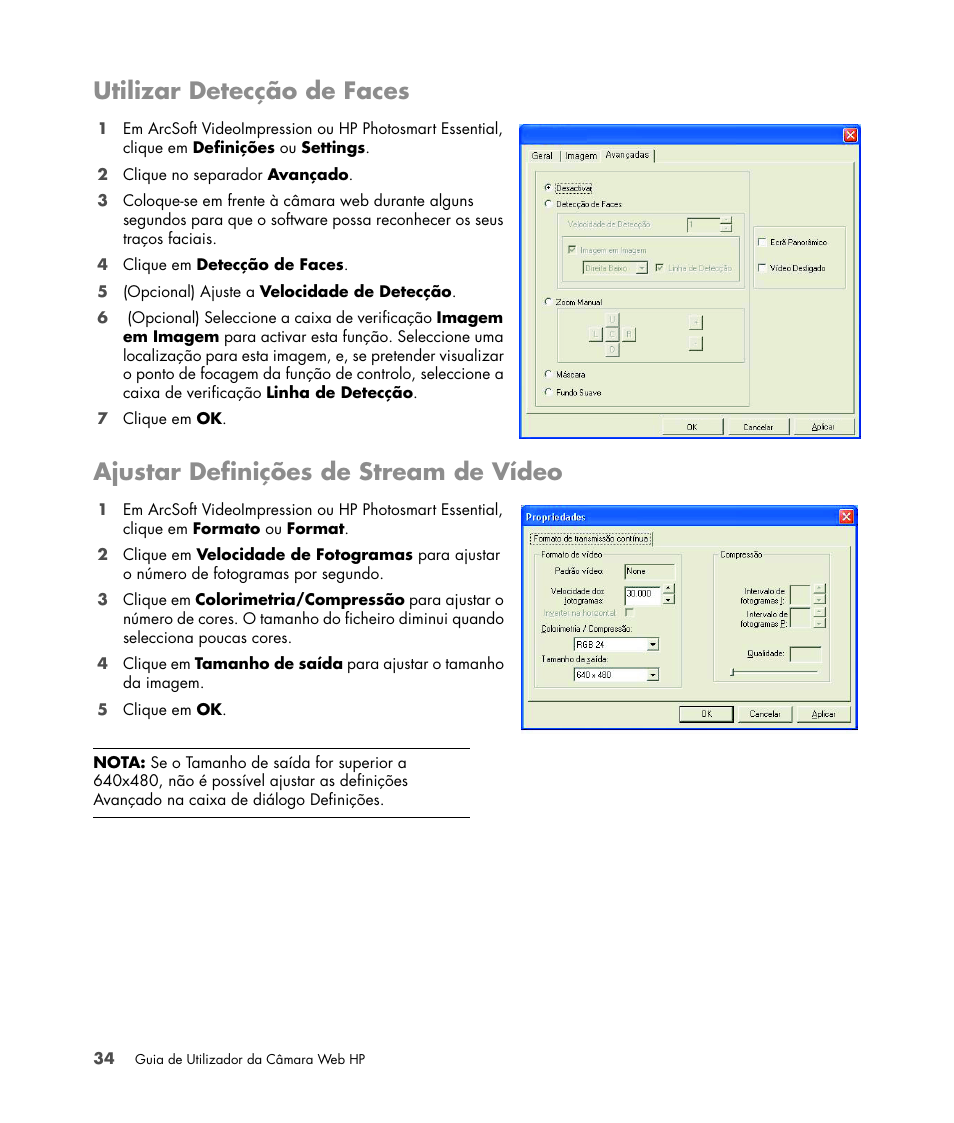 Utilizar detecção de faces, Ajustar definições de stream de vídeo | HP Version 3.0 User Manual | Page 40 / 114