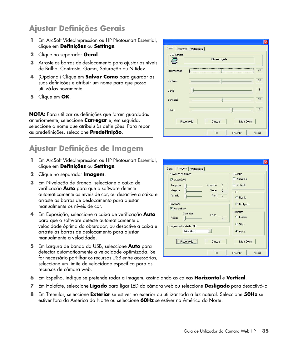 Ajustar definições gerais, Ajustar definições de imagem | HP Version 3.0 User Manual | Page 41 / 114