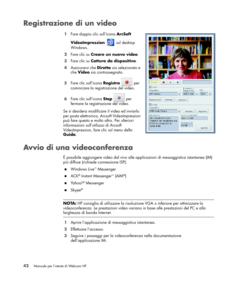 Registrazione di un video, Avvio di una videoconferenza | HP Version 3.0 User Manual | Page 48 / 114