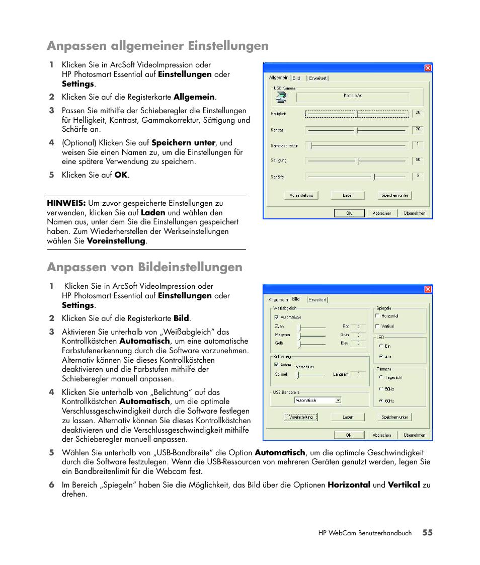 Anpassen allgemeiner einstellungen, Anpassen von bildeinstellungen | HP Version 3.0 User Manual | Page 61 / 114