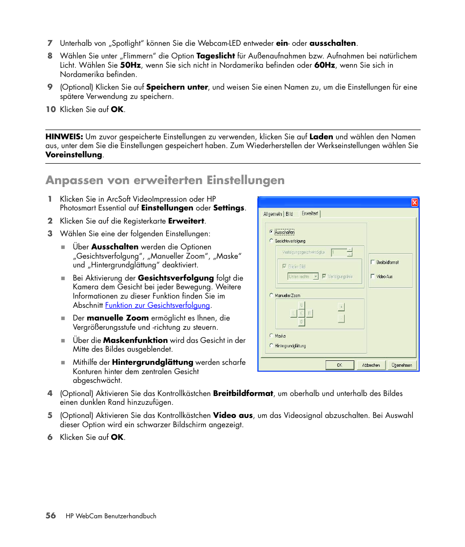 Anpassen von erweiterten einstellungen | HP Version 3.0 User Manual | Page 62 / 114