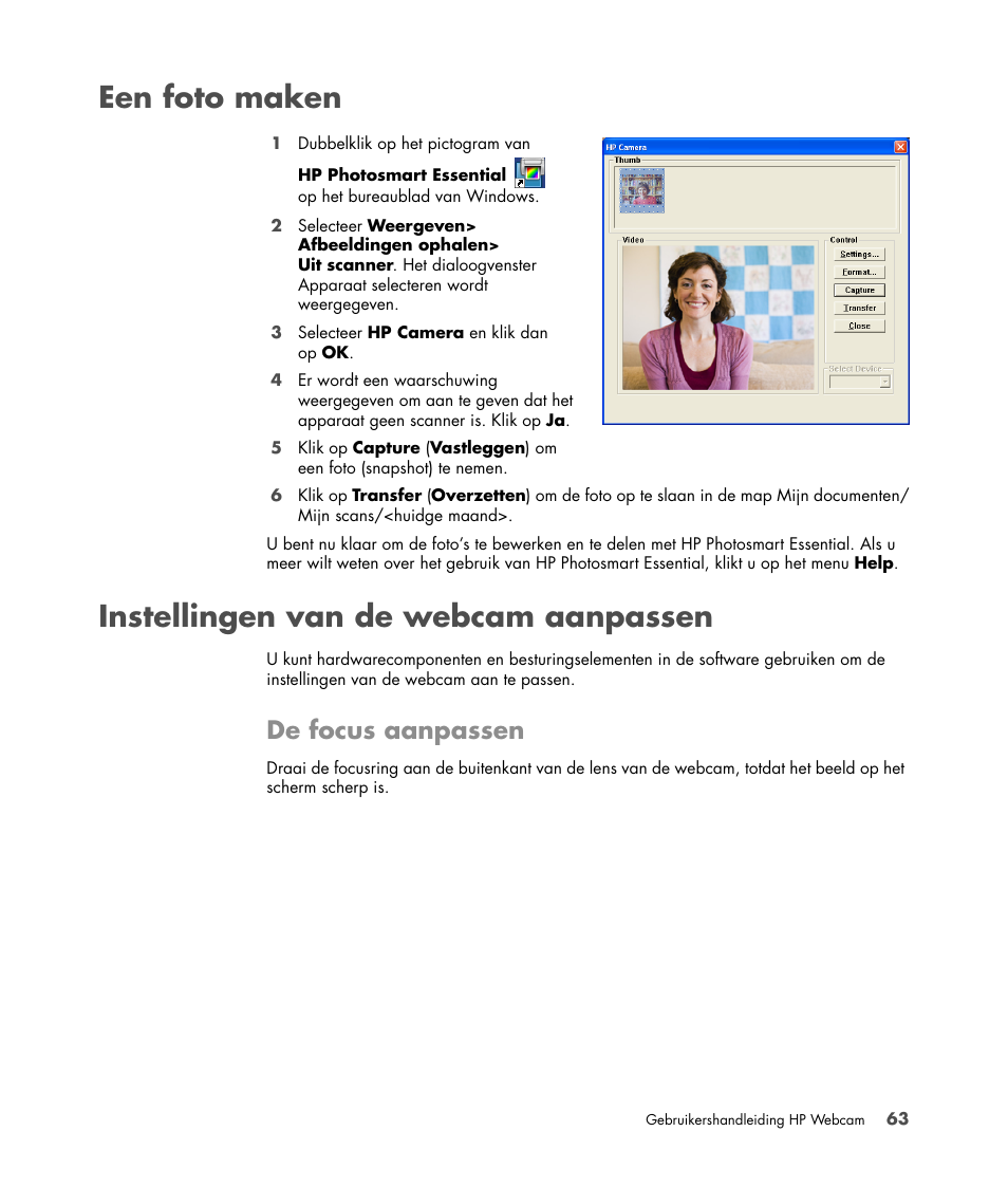 Een foto maken, Instellingen van de webcam aanpassen, De focus aanpassen | HP Version 3.0 User Manual | Page 69 / 114