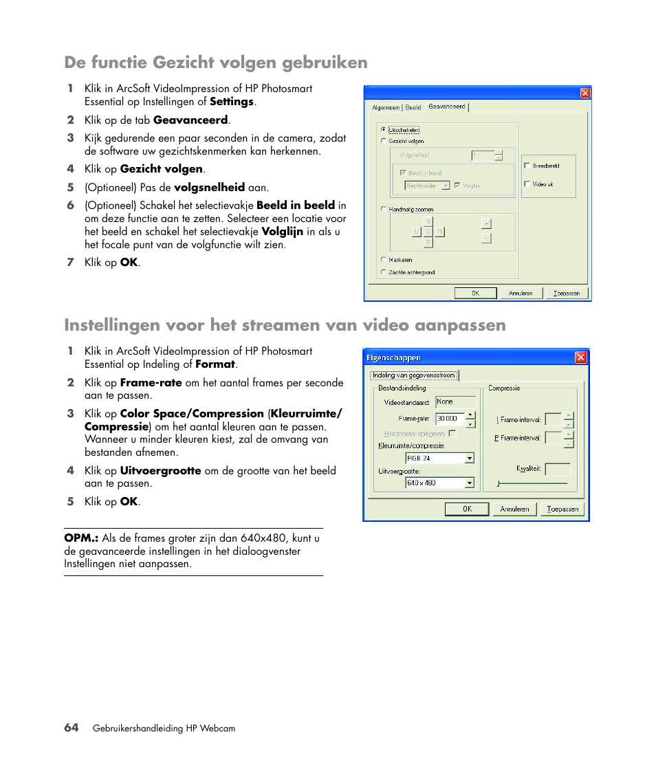 De functie gezicht volgen gebruiken, Instellingen voor het streamen van video aanpassen | HP Version 3.0 User Manual | Page 70 / 114