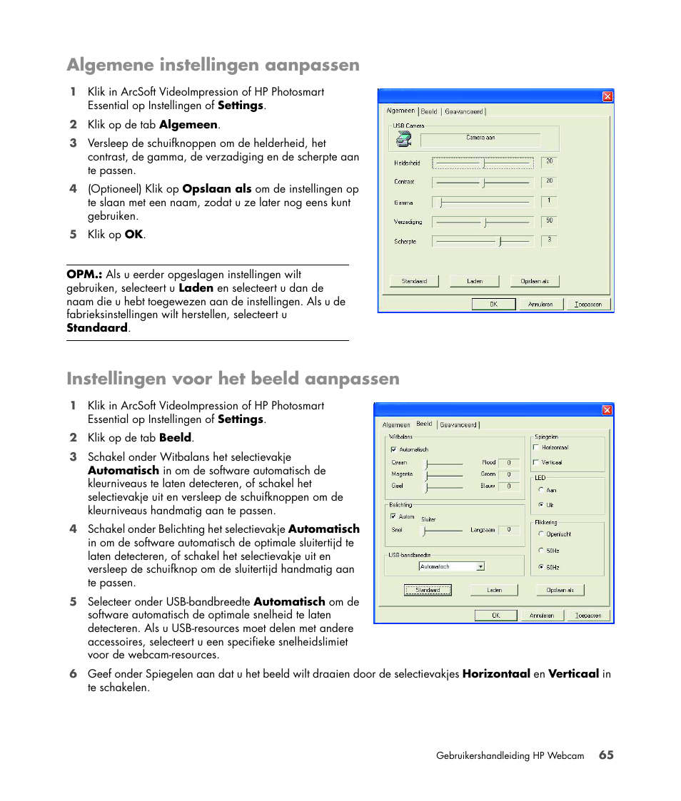 Algemene instellingen aanpassen, Instellingen voor het beeld aanpassen | HP Version 3.0 User Manual | Page 71 / 114