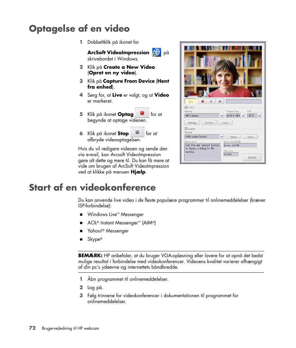 Optagelse af en video, Start af en videokonference, Optagelse af en video start af en videokonference | HP Version 3.0 User Manual | Page 78 / 114