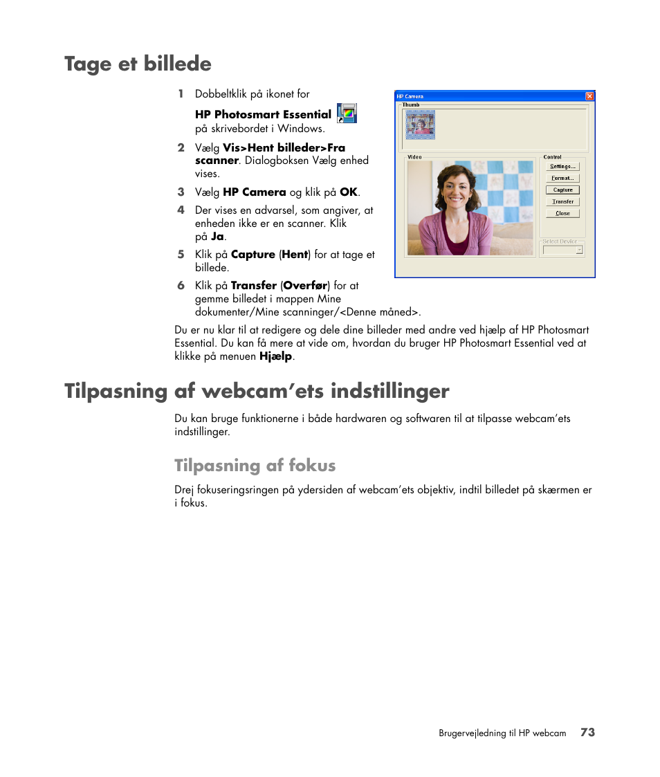 Tage et billede, Tilpasning af webcam’ets indstillinger, Tilpasning af fokus | HP Version 3.0 User Manual | Page 79 / 114