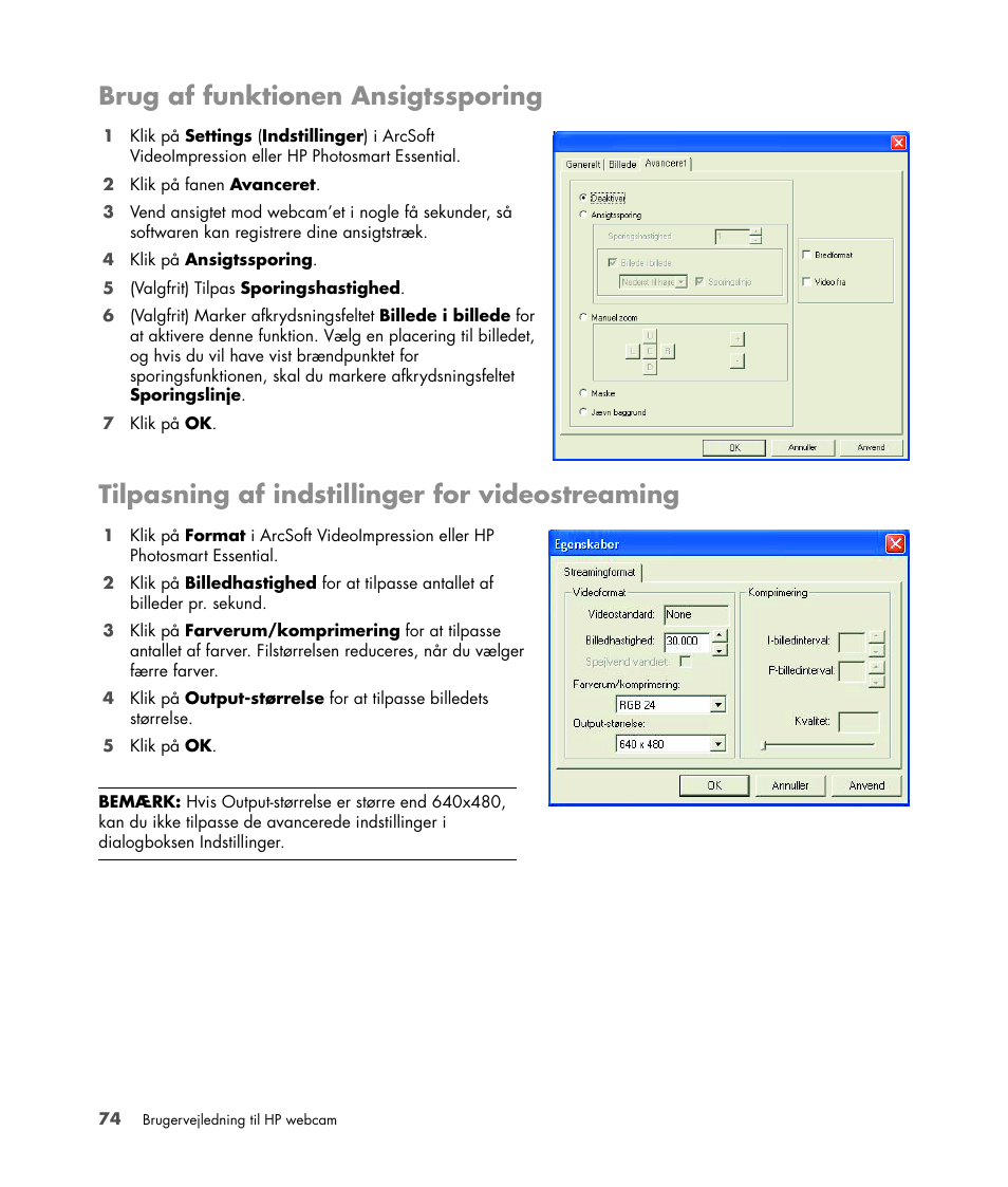 Brug af funktionen ansigtssporing, Tilpasning af indstillinger for videostreaming | HP Version 3.0 User Manual | Page 80 / 114