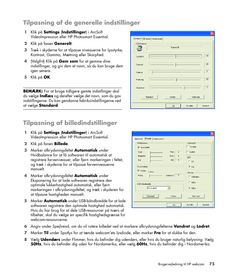 Tilpasning af de generelle indstillinger, Tilpasning af billedindstillinger | HP Version 3.0 User Manual | Page 81 / 114