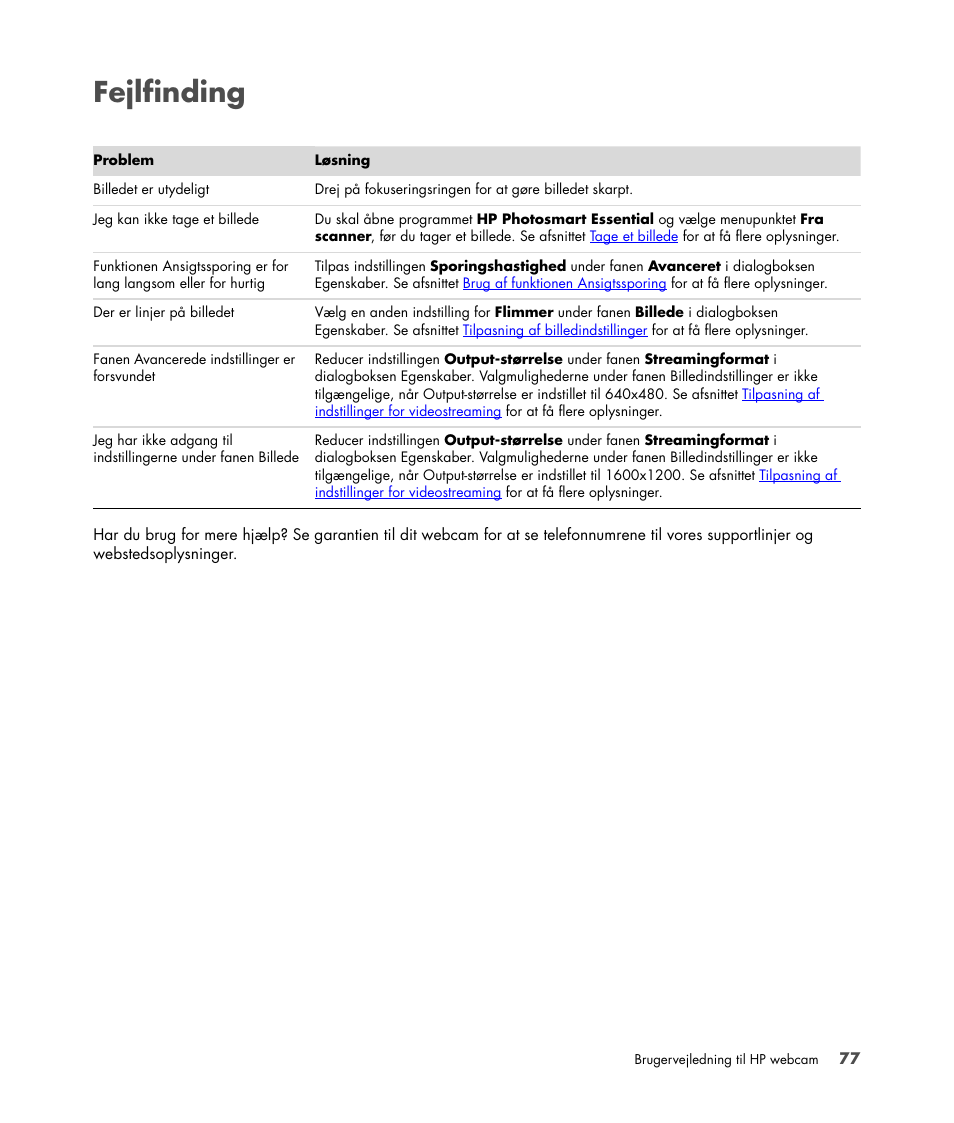 Fejlfinding | HP Version 3.0 User Manual | Page 83 / 114