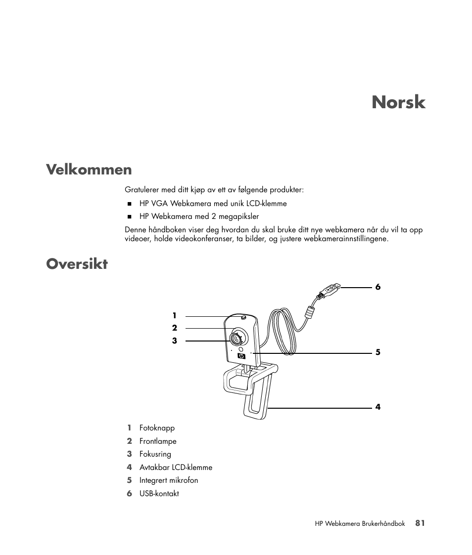 Norsk, Velkommen, Oversikt | Norsk velkommen oversikt | HP Version 3.0 User Manual | Page 87 / 114