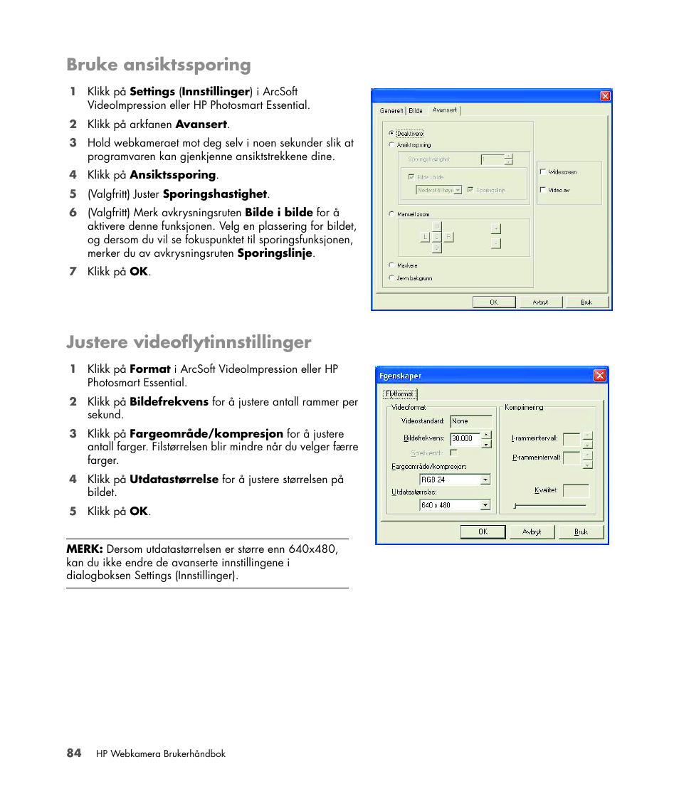 Bruke ansiktssporing, Justere videoflytinnstillinger | HP Version 3.0 User Manual | Page 90 / 114