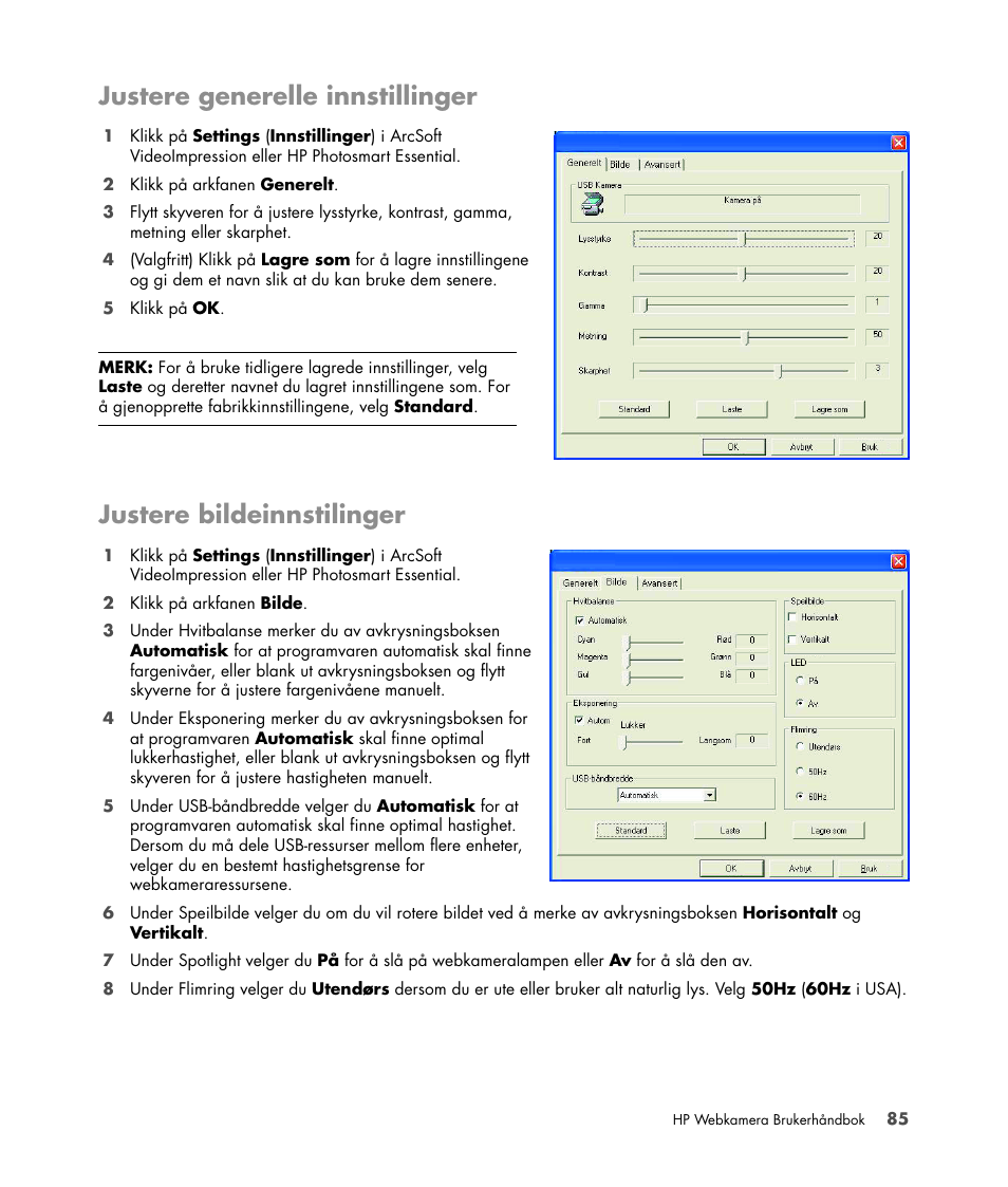 Justere generelle innstillinger, Justere bildeinnstilinger | HP Version 3.0 User Manual | Page 91 / 114