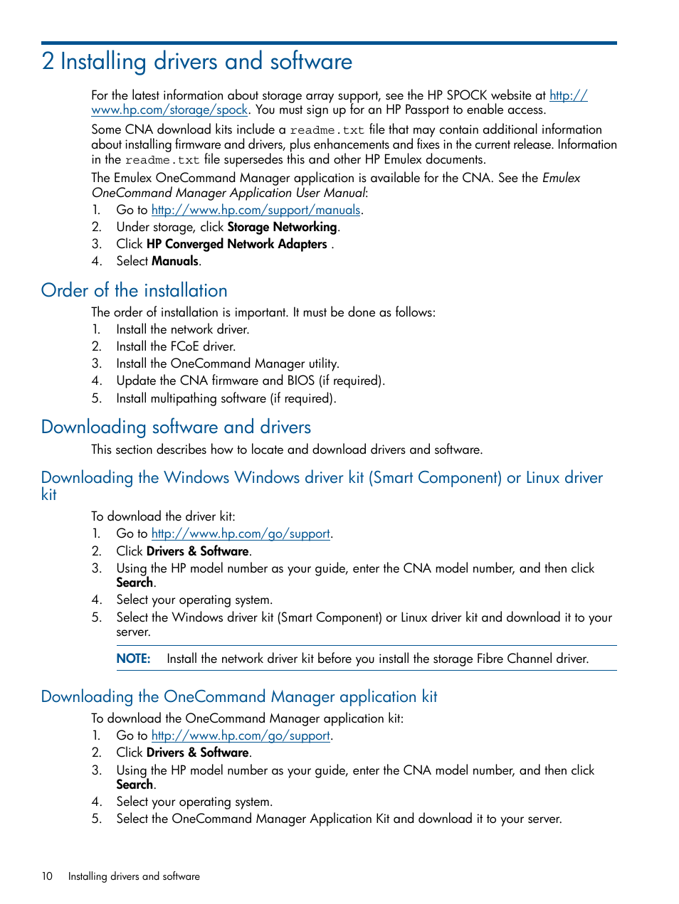 2 installing drivers and software, Order of the installation, Downloading software and drivers | Downloading the onecommand manager application kit | HP CN1100E User Manual | Page 10 / 29