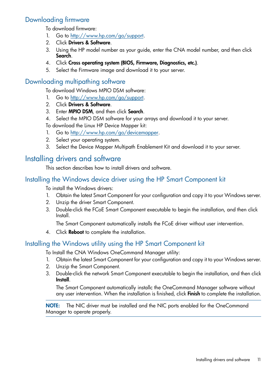 Downloading firmware, Downloading multipathing software, Installing drivers and software | HP CN1100E User Manual | Page 11 / 29