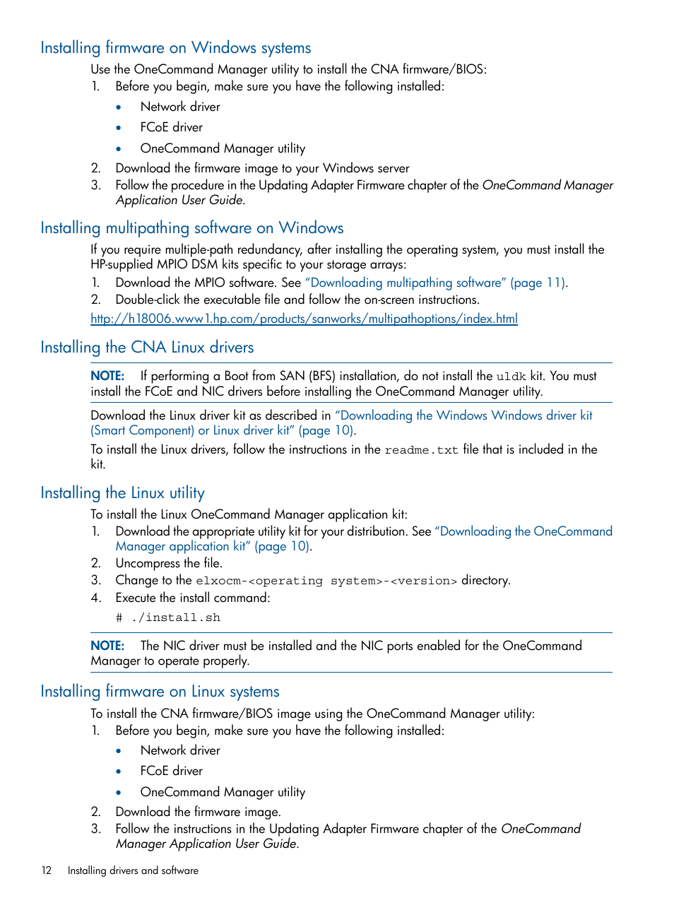 Installing firmware on windows systems, Installing multipathing software on windows, Installing the cna linux drivers | Installing the linux utility, Installing firmware on linux systems | HP CN1100E User Manual | Page 12 / 29