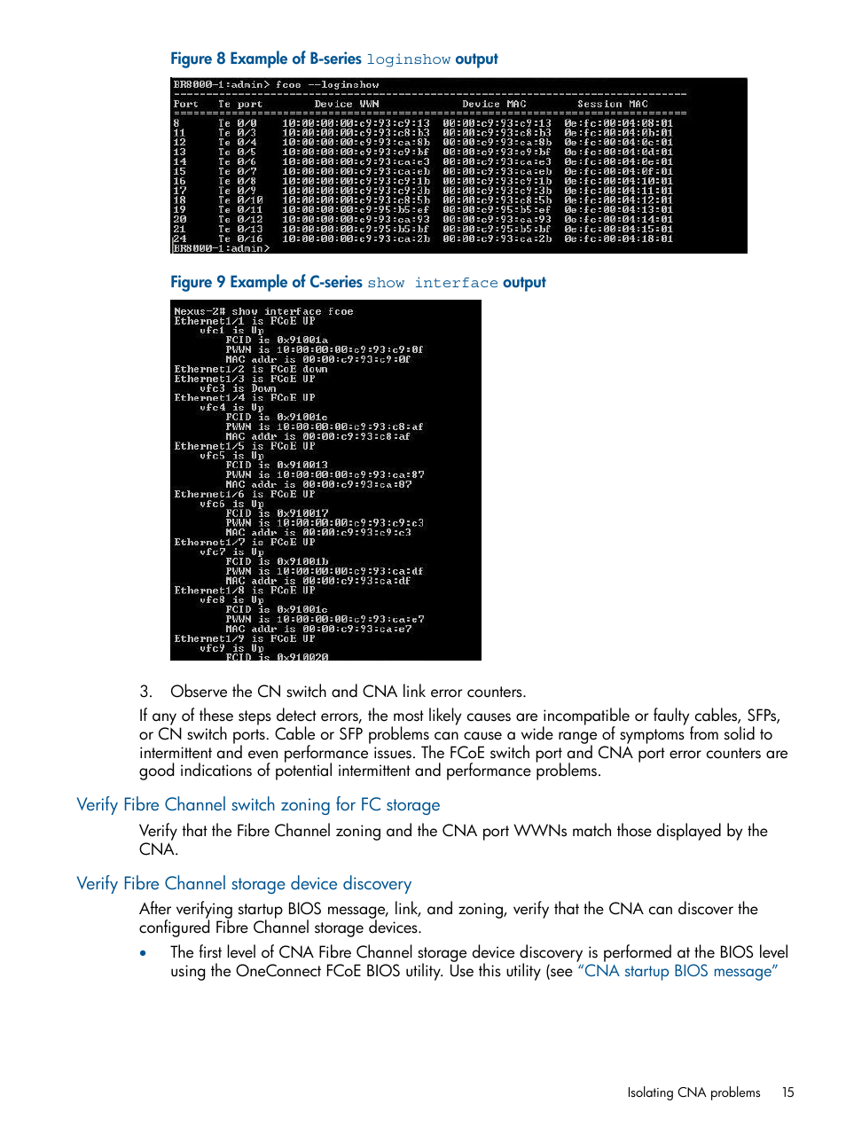 Verify fibre channel switch zoning for fc storage, Verify fibre channel storage device discovery | HP CN1100E User Manual | Page 15 / 29