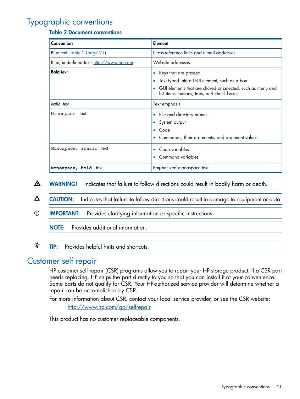 Typographic conventions, Customer self repair, Typographic conventions customer self repair | HP CN1100E User Manual | Page 21 / 29