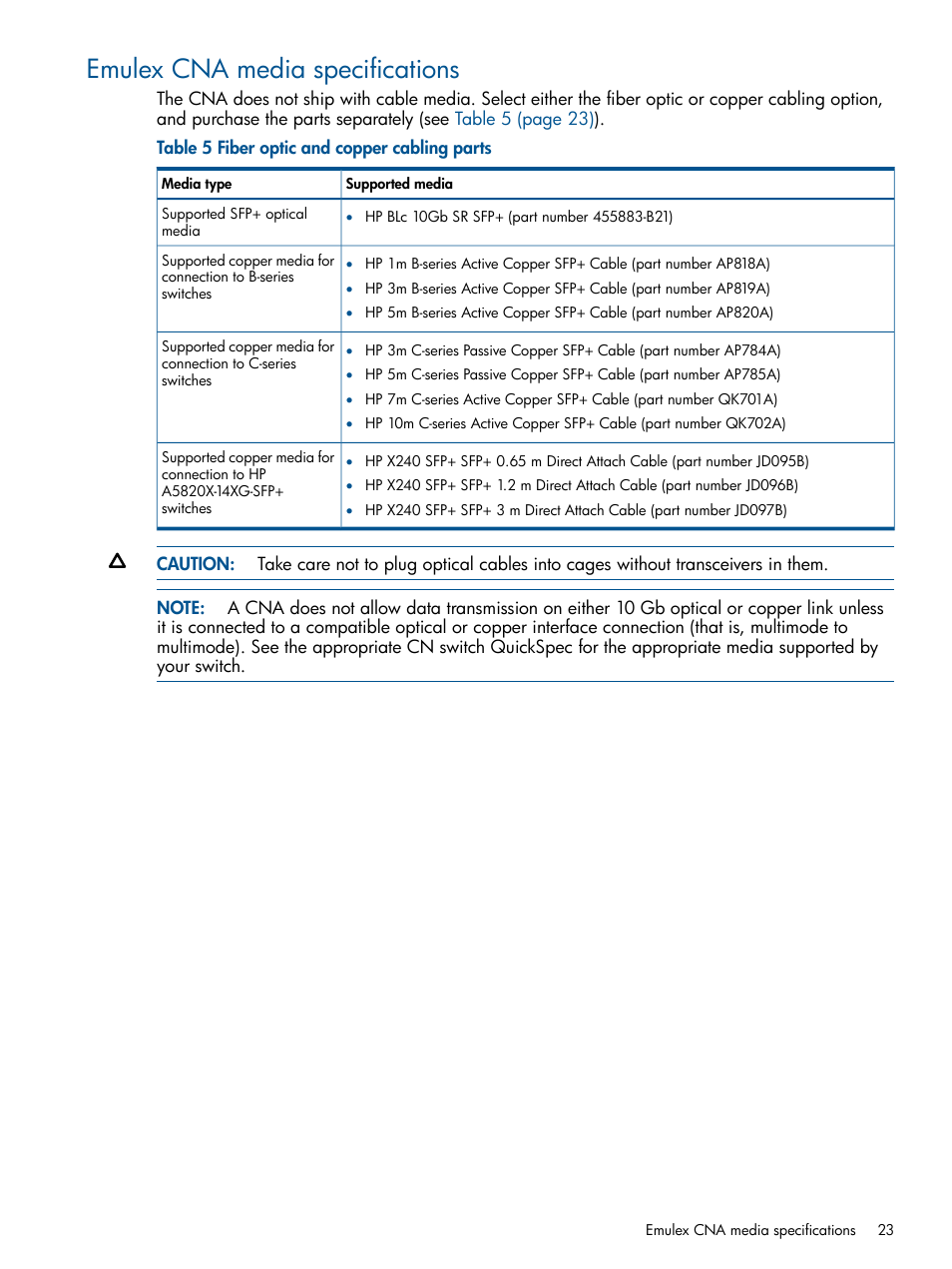 Emulex cna media specifications | HP CN1100E User Manual | Page 23 / 29