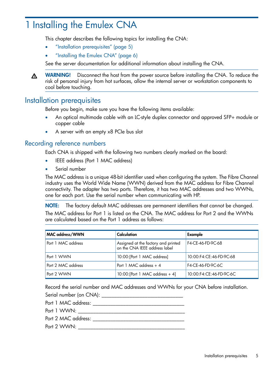1 installing the emulex cna, Installation prerequisites, Recording reference numbers | HP CN1100E User Manual | Page 5 / 29