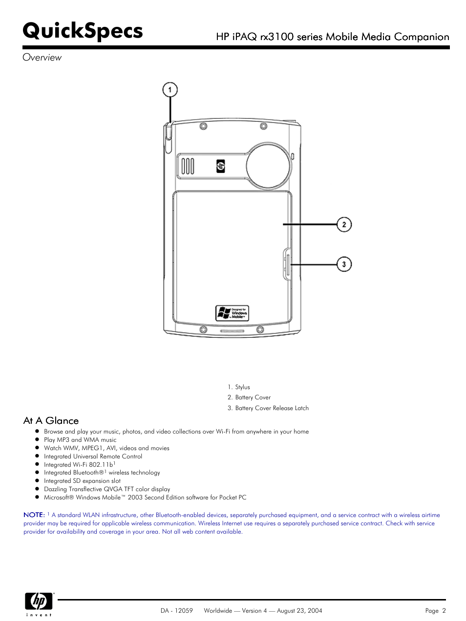 Quickspecs, Hp ipaq rx3100 series mobile media companion, At a glance | HP iPaq RX3100 User Manual | Page 2 / 9