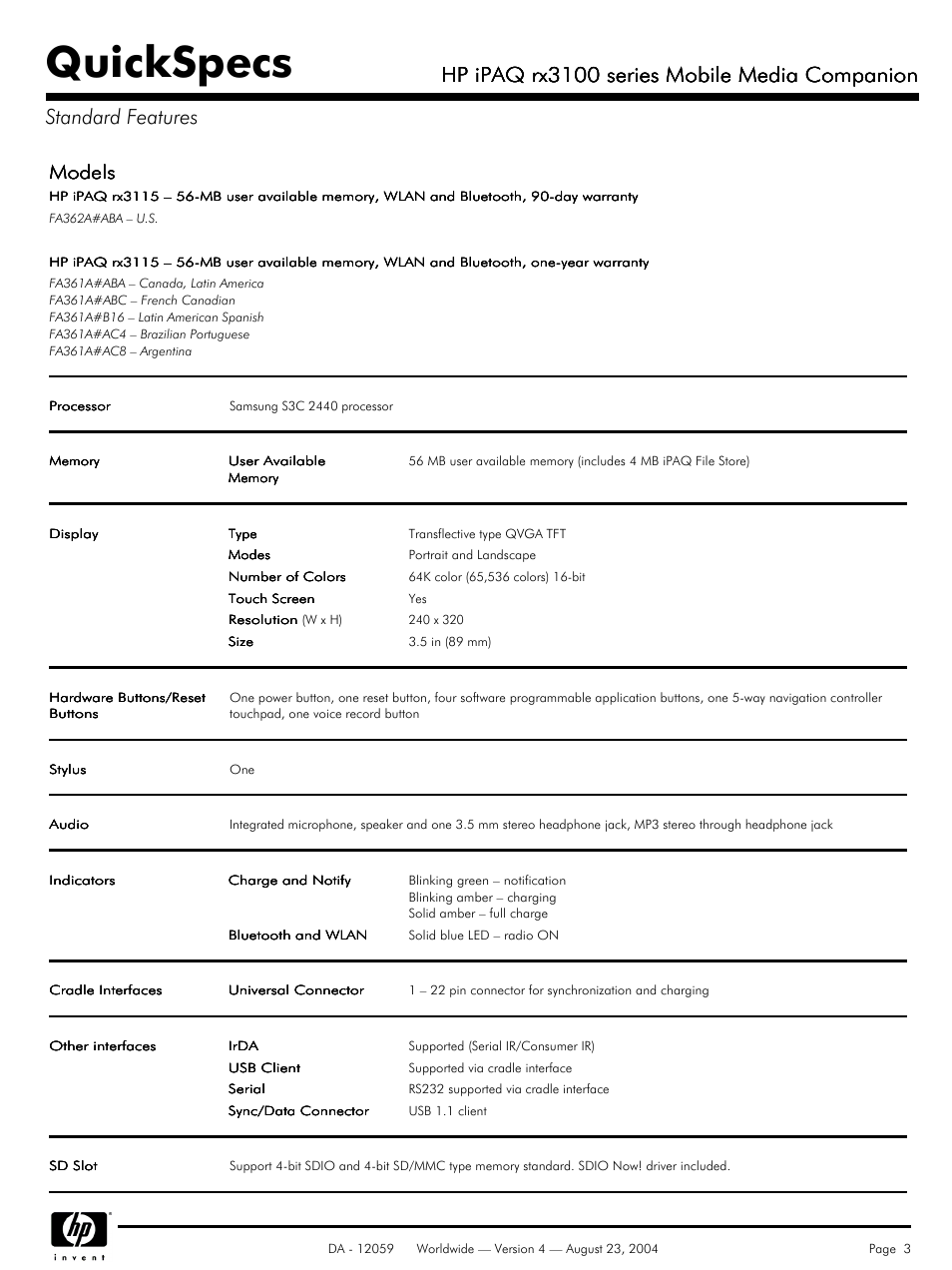 Standard features, Quickspecs, Hp ipaq rx3100 series mobile media companion | Models | HP iPaq RX3100 User Manual | Page 3 / 9