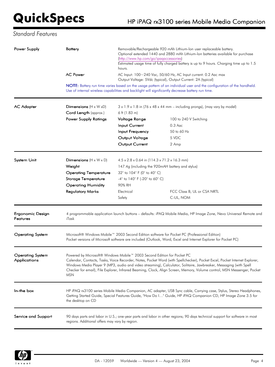 Quickspecs, Hp ipaq rx3100 series mobile media companion | HP iPaq RX3100 User Manual | Page 4 / 9