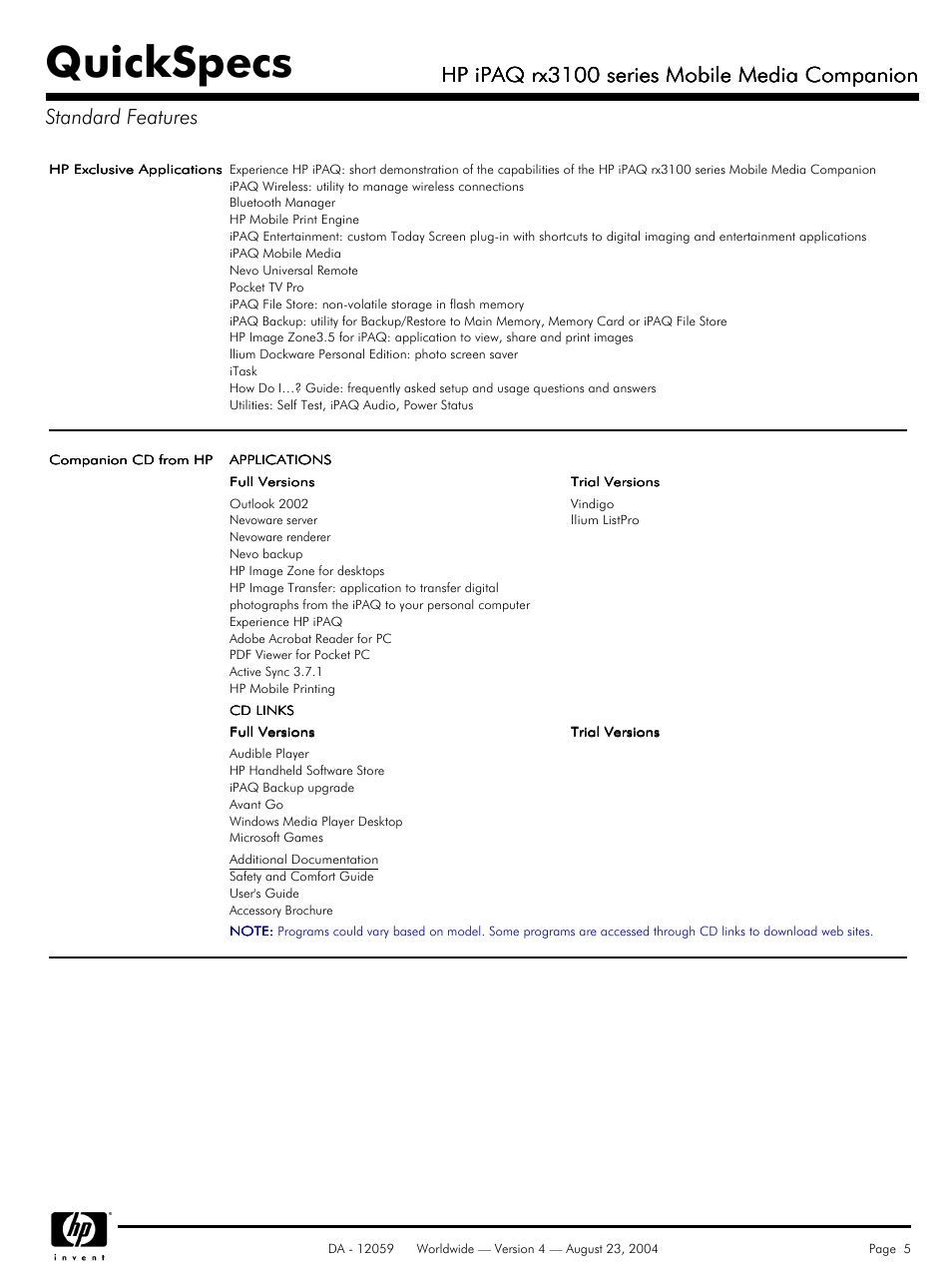 Quickspecs, Hp ipaq rx3100 series mobile media companion | HP iPaq RX3100 User Manual | Page 5 / 9