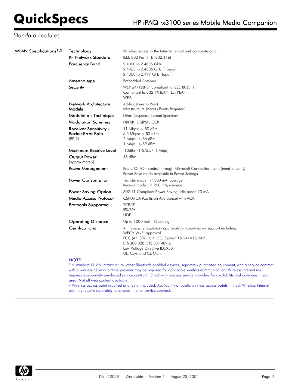 Quickspecs, Hp ipaq rx3100 series mobile media companion | HP iPaq RX3100 User Manual | Page 6 / 9