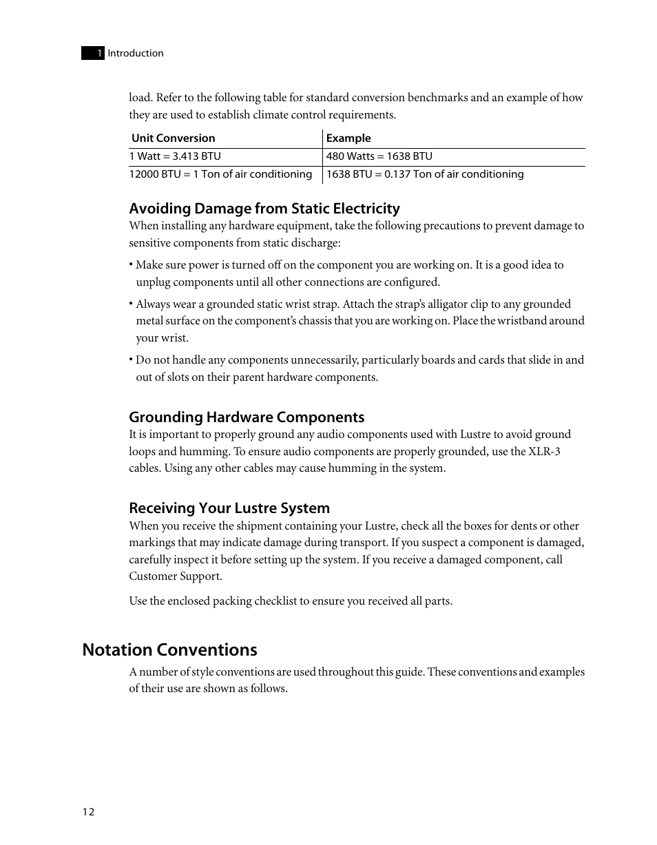 Avoiding damage from static electricity, Grounding hardware components, Receiving your lustre system | Notation conventions | HP XW8400 User Manual | Page 16 / 40