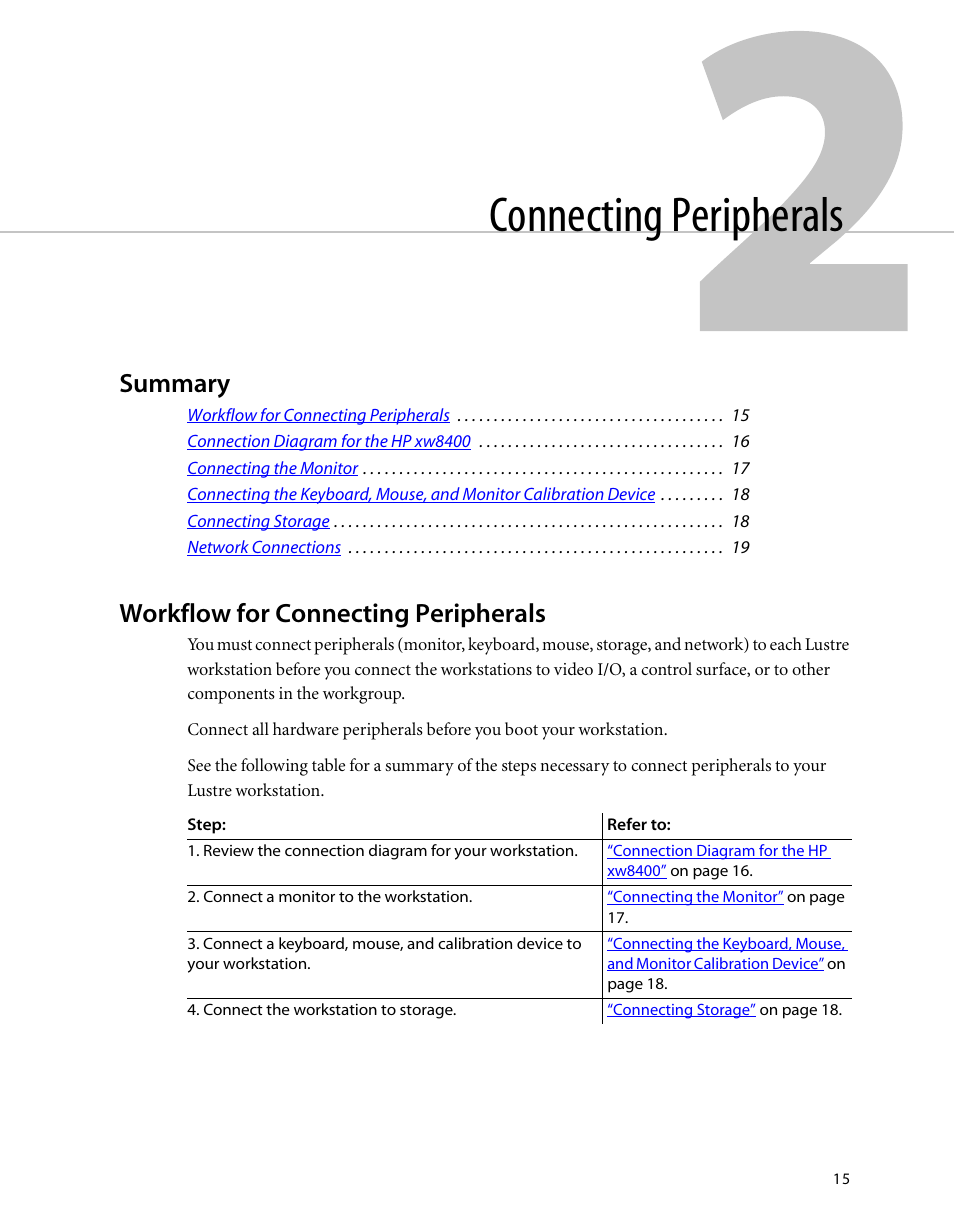 Connecting peripherals, Summary, Workflow for connecting peripherals | Chapter, 2, “connecting peripherals | HP XW8400 User Manual | Page 19 / 40