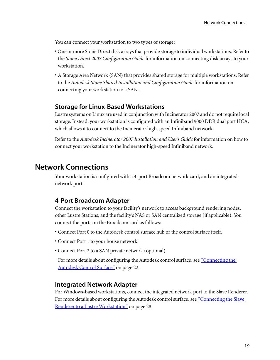 Storage for linux-based workstations, Network connections, Port broadcom adapter | Integrated network adapter | HP XW8400 User Manual | Page 23 / 40