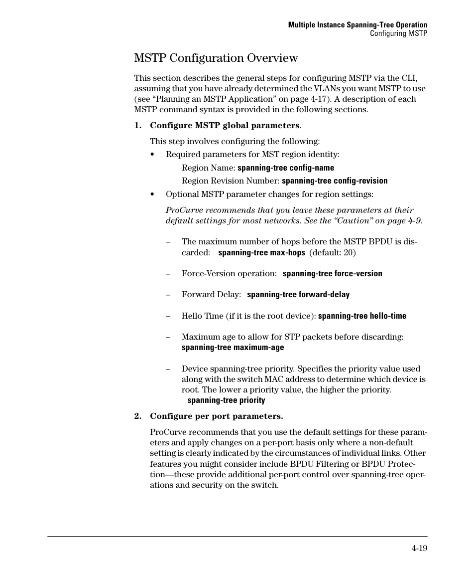 Mstp configuration overview, Mstp configuration overview -19 | HP 5400ZL User Manual | Page 141 / 450