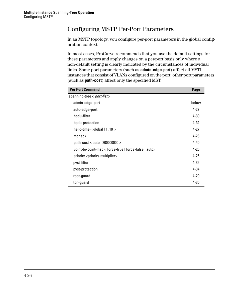 Configuring mstp per-port parameters, Configuring mstp per-port parameters -26 | HP 5400ZL User Manual | Page 148 / 450