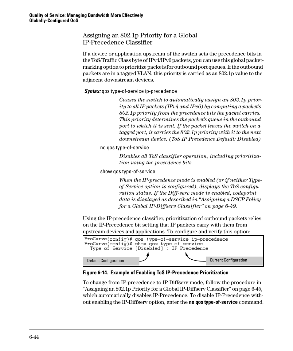 Assigning an 802.1p priority for a global, Ip-precedence classifier -44 | HP 5400ZL User Manual | Page 266 / 450