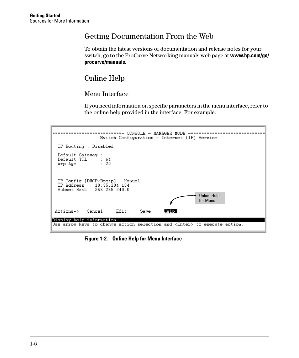 Getting documentation from the web, Online help, Menu interface | Getting documentation from the web -6, Online help -6, Menu interface -6 | HP 5400ZL User Manual | Page 30 / 450
