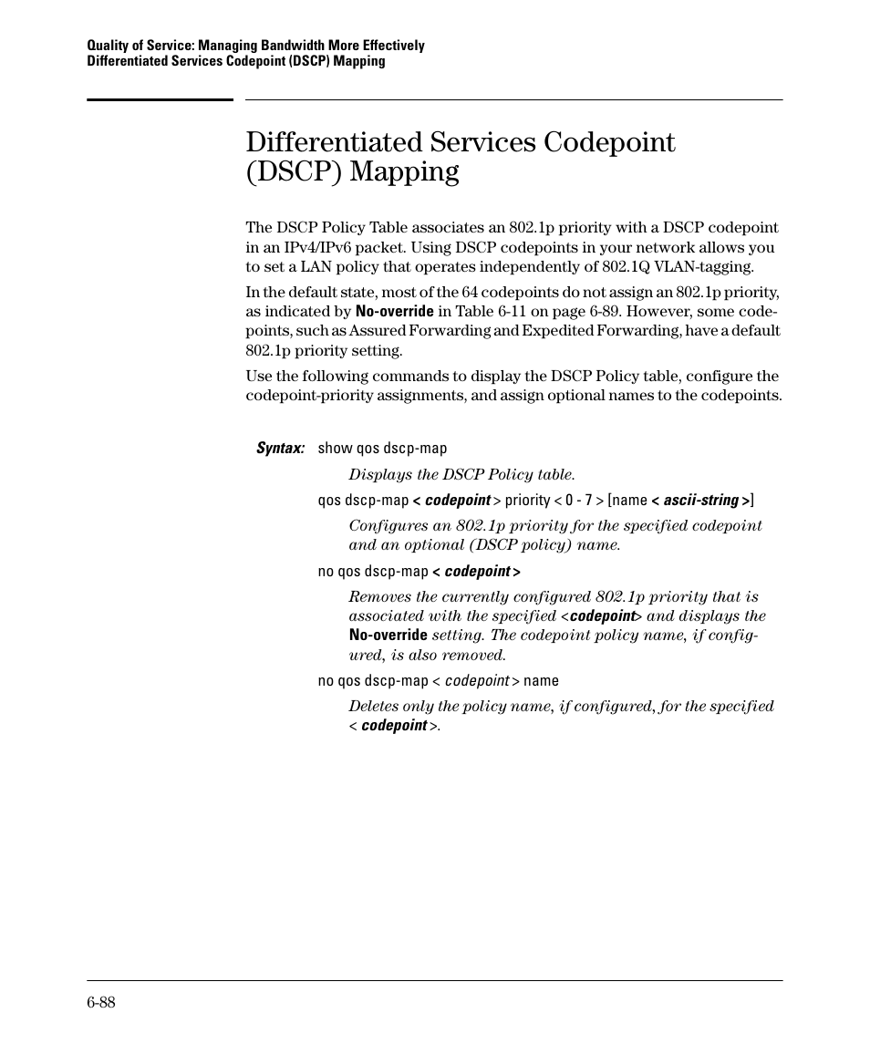 Differentiated services codepoint (dscp) mapping, Differentiated ser, Ge 6-88 | HP 5400ZL User Manual | Page 310 / 450